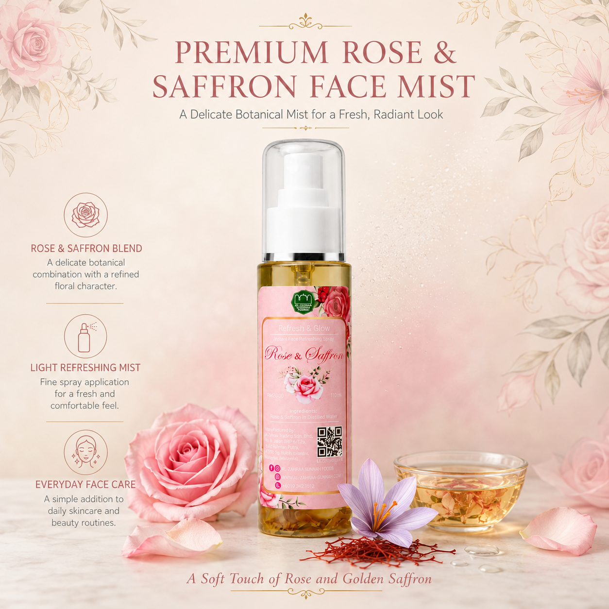 Saffron & Rose Water Herbal Face Refreshing Spray 100ml