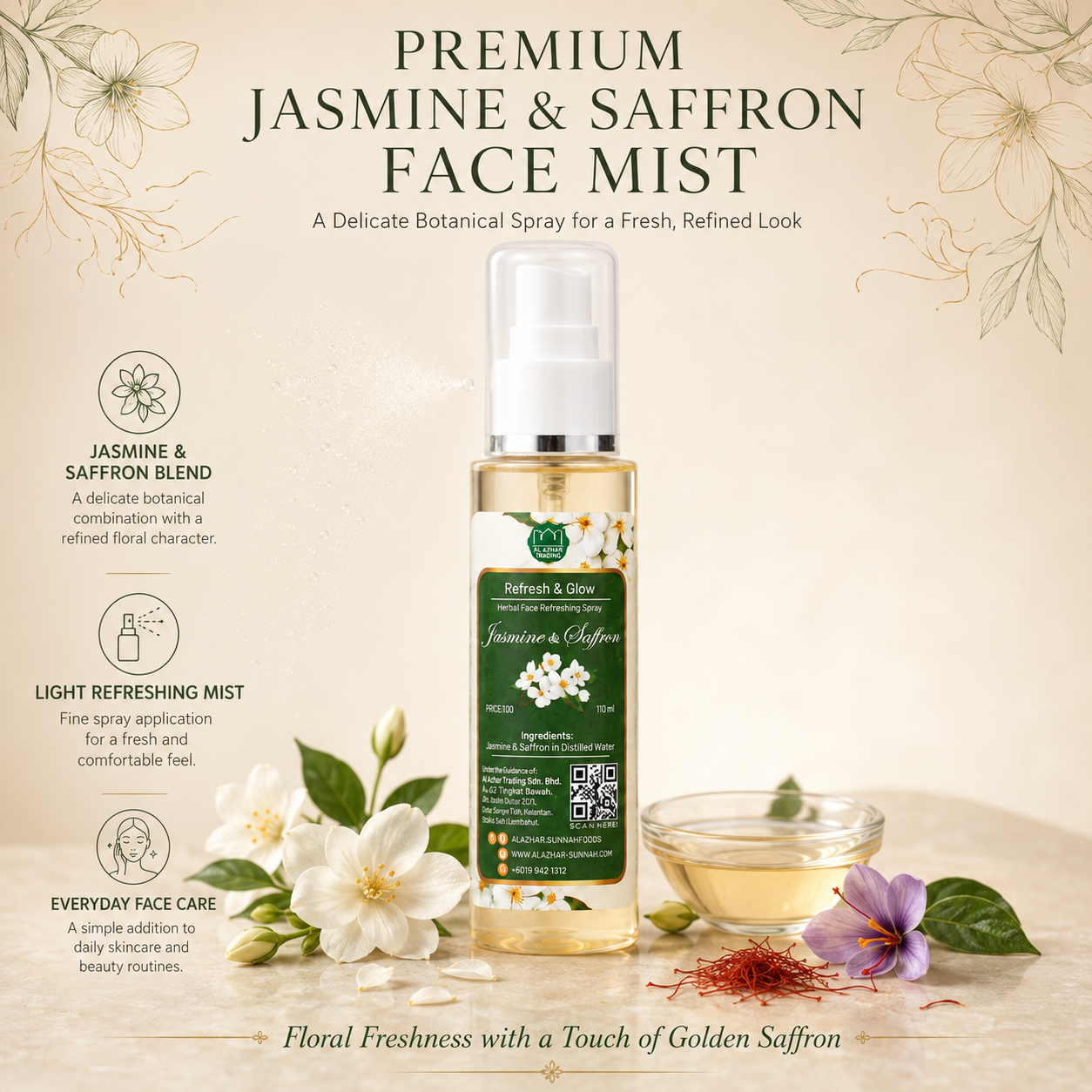 Semburan Penyegar Wajah Herba Air Saffron & Melur 100ml